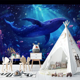 Whale mural wallpaper creating depth in a minimalist dining room space