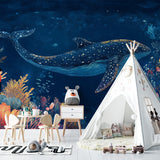 Ocean Mural Wallpaper creating a dreamy underwater atmosphere in a modern kids bedroom