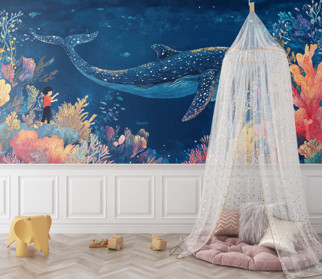 Whale and Coral Wallpaper transforming a bathroom into an underwater paradise