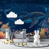 Ocean theme wallpaper bringing life to a playroom with stunning whale design