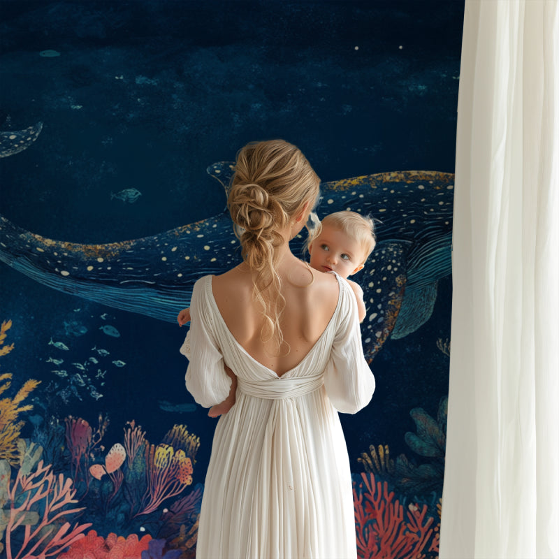 Marine life wallpaper showcased in a cozy reading nook with soft lighting