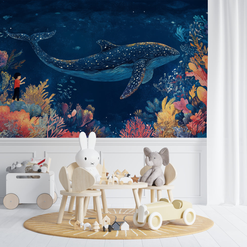 Underwater mural creating depth in a small bedroom with whale and coral details