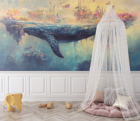 Ocean fantasy wallpaper with whale and castle creating magic in a modern kids bedroom with reading nook