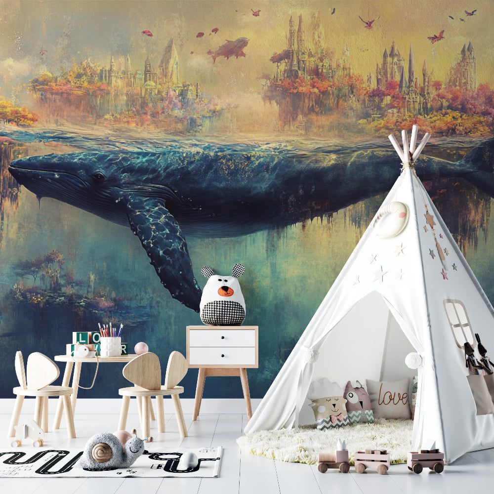 Whale and castle wall mural transforming a nursery with soft, dreamy colors