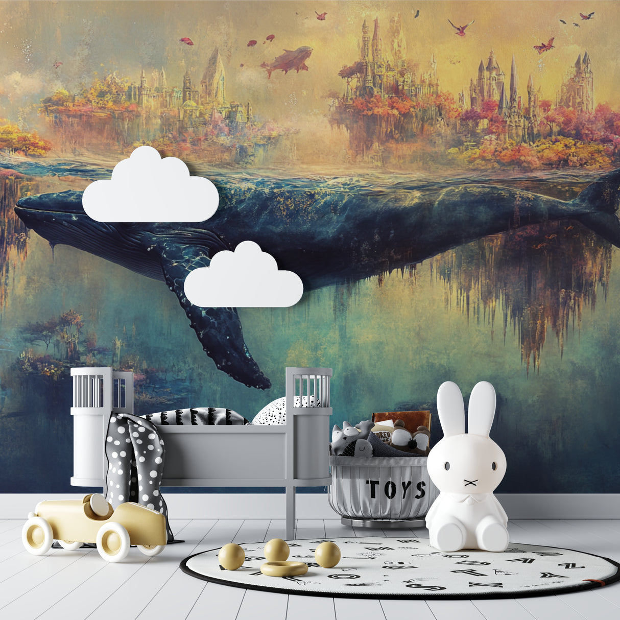 Ocean fantasy mural bringing wonder to a child's playroom with natural lighting