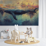 Whale and floating castle mural creating depth in a modern children's bedroom