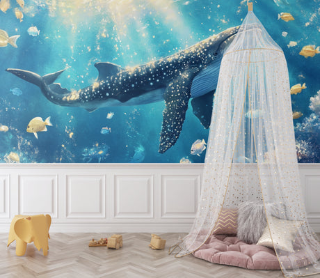 Ocean theme wallpaper mural in a bright kid's bedroom, showing magical whale and golden fish swimming above the bed