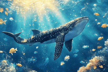 Design file showing detailed whale and golden fish pattern against deep blue ocean background