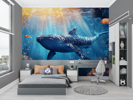 Ocean Whale Wallpaper creating depth in modern living room with natural light enhancing the blue tones
