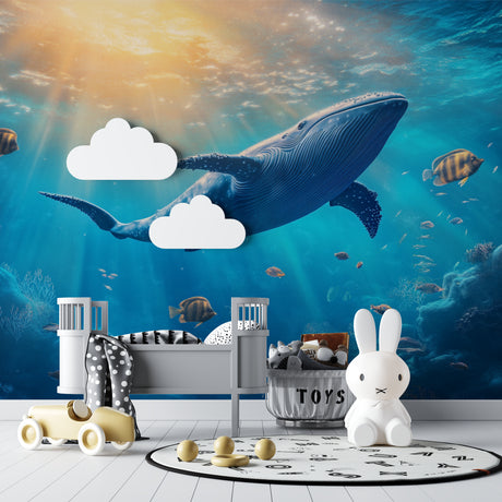 Ocean whale wallpaper mural creating a calming atmosphere in a modern kids bedroom