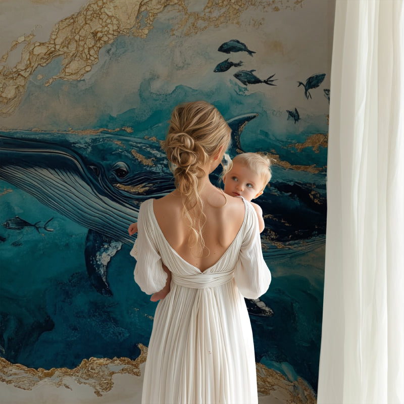 Whale Wall Mural creates serene atmosphere in master bedroom