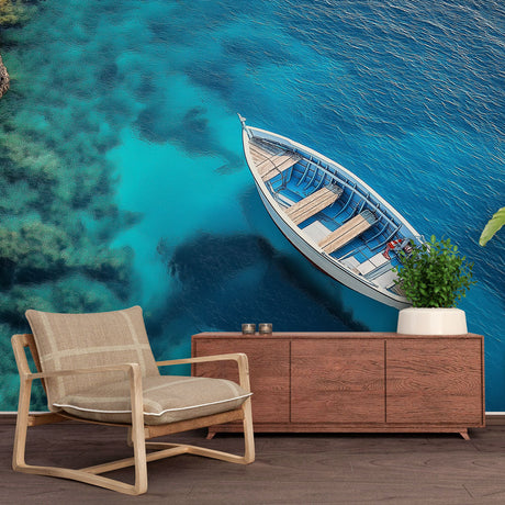 Mediterranean sea wallpaper creating a bright, airy atmosphere in a modern living room with coastal decor
