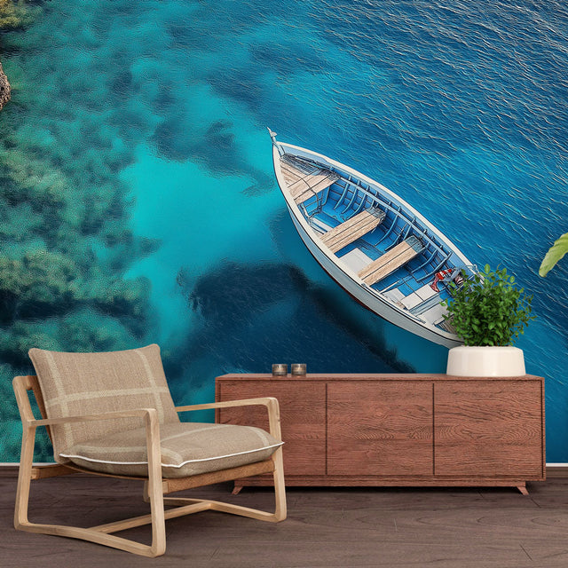 Mediterranean sea wallpaper creating a bright, airy atmosphere in a modern living room with coastal decor