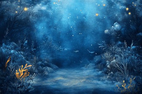 Design file of mystical ocean night scene with golden lights and marine elements