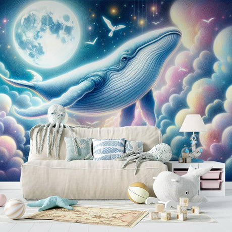 Ocean theme whale wallpaper creates a dreamy atmosphere in a cozy nursery with soft moonlight effects