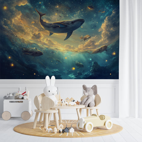 Ocean fantasy whale wallpaper creating a magical atmosphere in a modern living room with blue accents