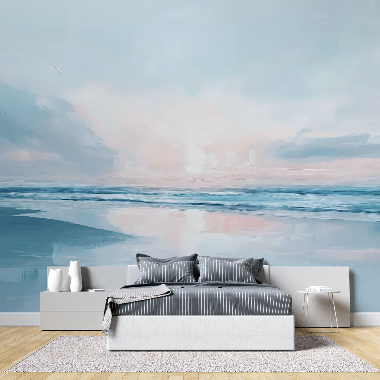 Watercolor seascape wallpaper transforming a bedroom into a peaceful coastal retreat