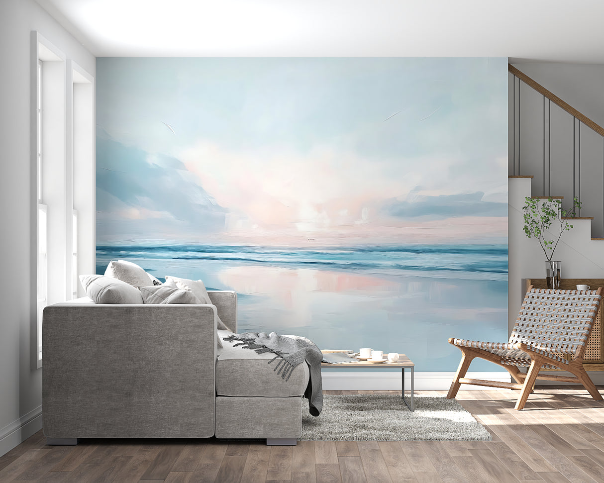 Ocean wall mural brightening a dining room with soft pastel colors