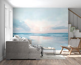 Ocean wall mural brightening a dining room with soft pastel colors