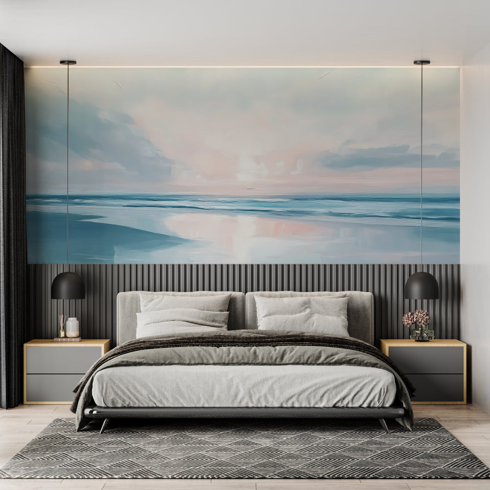 Seascape wallpaper adding depth to a home office space