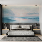 Seascape wallpaper adding depth to a home office space