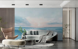 Ocean themed wallpaper creating a calming atmosphere in a bathroom