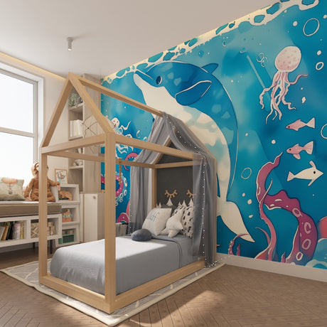 Ocean life wallpaper creating a magical underwater scene in a bright kids' bedroom with dolphin and sea creatures