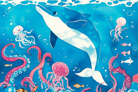 Design file of Ocean life wallpaper with playful dolphin and watercolor sea creatures