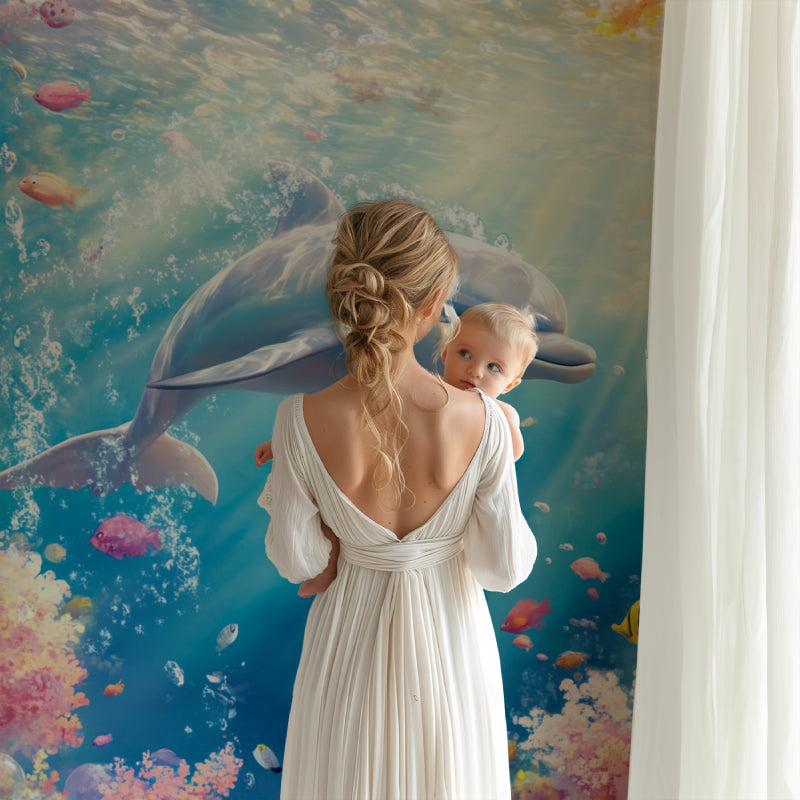 Ocean Dolphin wallpaper in bright kids bedroom showing playful underwater scene