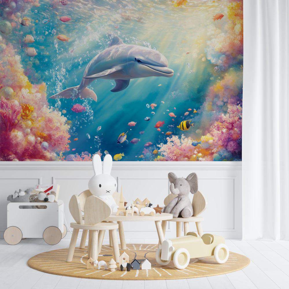Underwater Dolphin mural creating calm atmosphere in modern bathroom