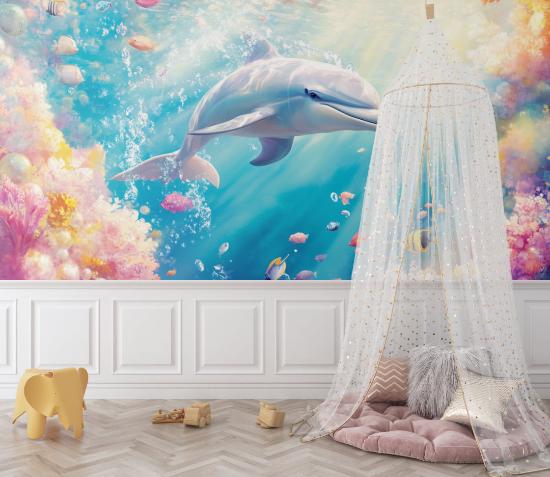 Marine life wallpaper transforming living room wall into ocean window