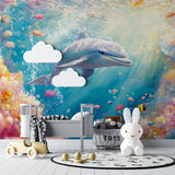 Dolphin and coral reef wallpaper bringing ocean magic to playroom