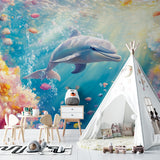 Ocean mural with dolphins in cozy reading nook setup