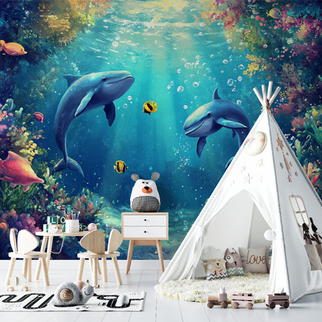 Ocean mural wallpaper with dolphins brightening a modern kids bedroom, creating an underwater wonderland feel