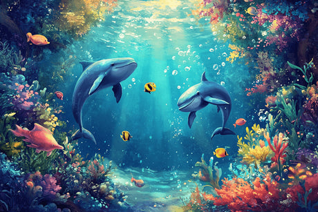 Design file showing detailed dolphin and coral reef pattern with rich turquoise waters