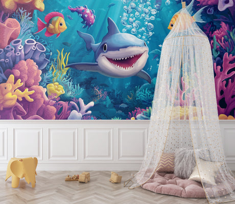 Ocean wall mural with playful shark in modern kids bedroom showing scale and bright colors
