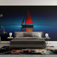 Red sail boat Ocean Mural Wallpaper creating a stunning focal point in a modern coastal living room with natural light