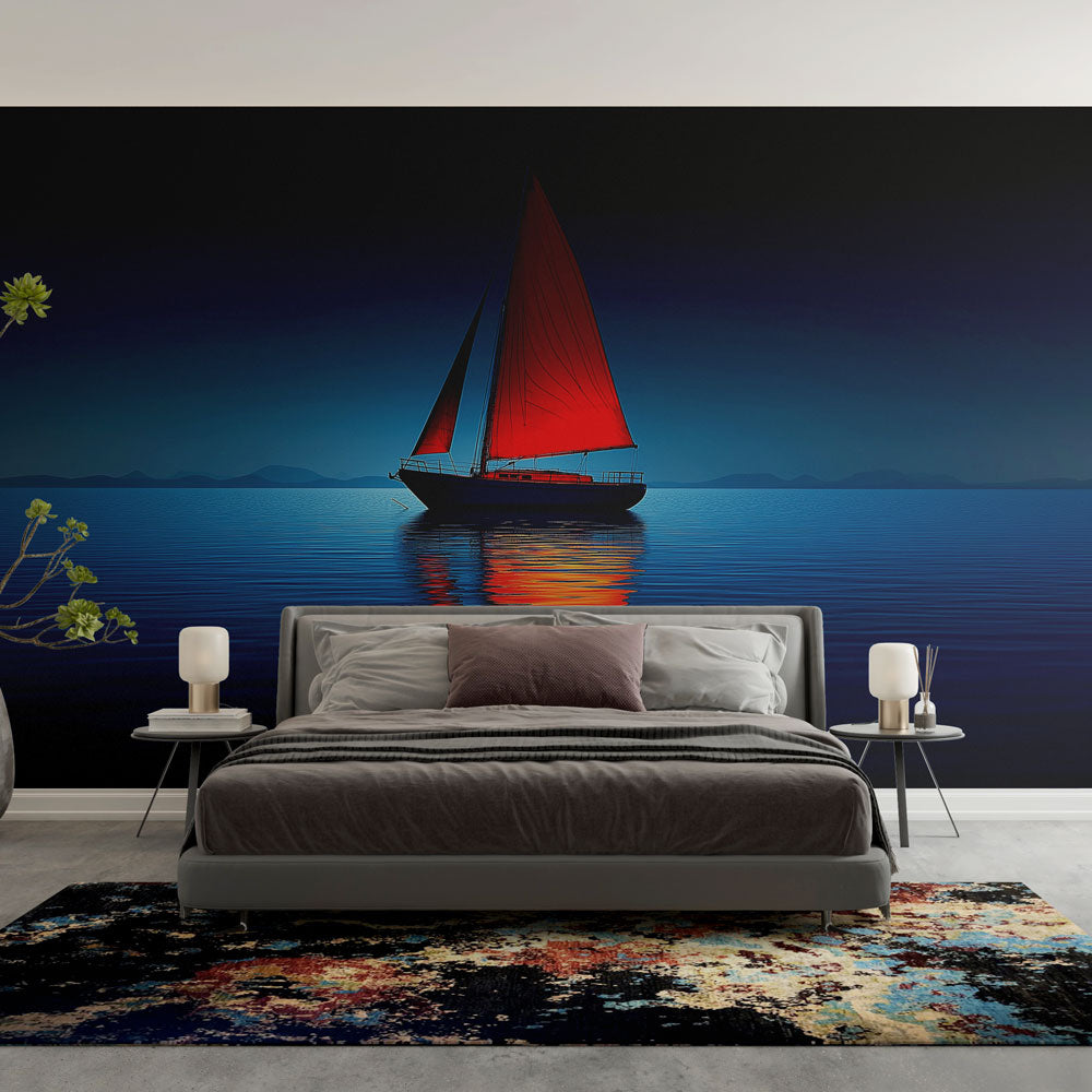 Red sail boat Ocean Mural Wallpaper creating a stunning focal point in a modern coastal living room with natural light