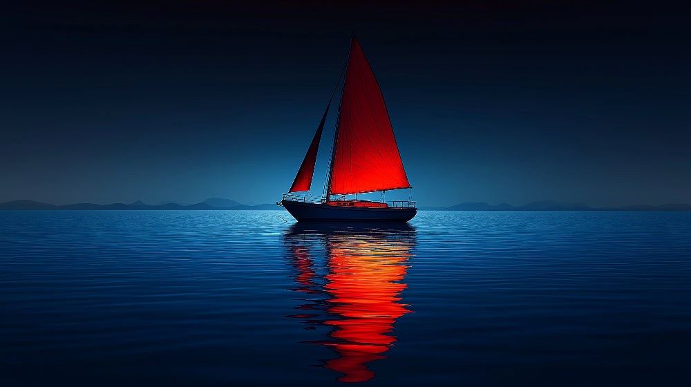 Ocean Mural Wallpaper design file showing detailed red sailboat against dusk waters