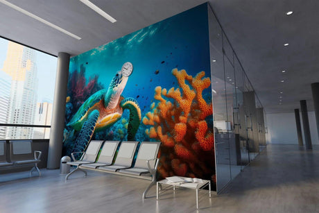 Sea turtle wallpaper mural showcased in a modern living room, creating an underwater atmosphere with soft blue tones