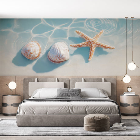 Ocean wallpaper mural with seashells and starfish creating a peaceful atmosphere in a modern bathroom setting