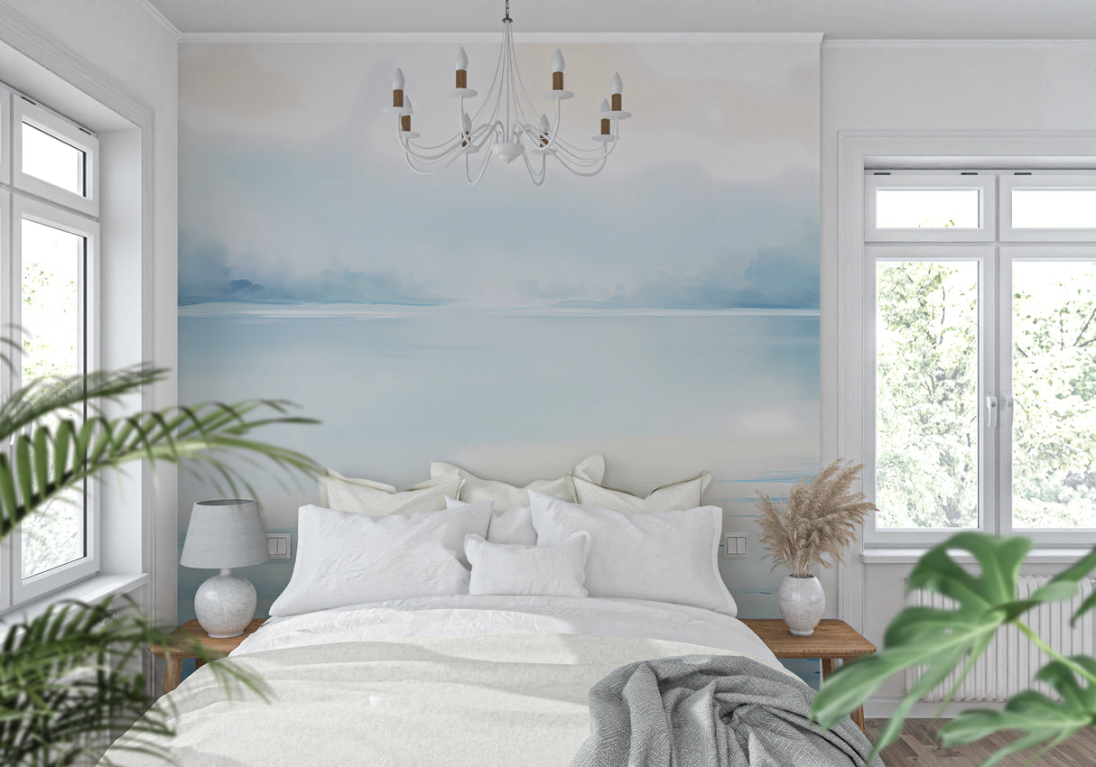 Ocean horizon wallpaper creating a peaceful atmosphere in a modern living room with natural light
