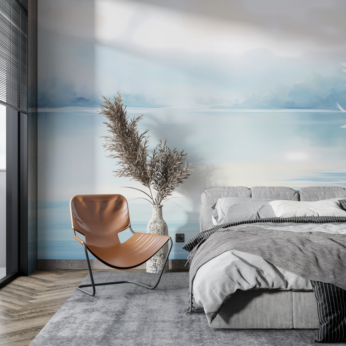 Watercolor ocean mural bringing serenity to a minimal bedroom space