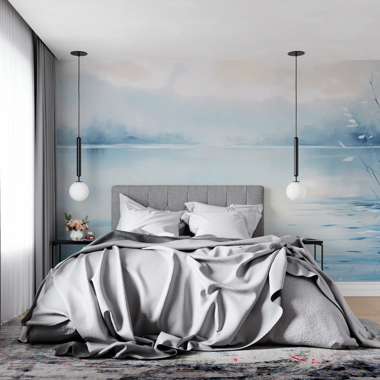 Coastal horizon wallpaper transforming a home office with soft blue tones