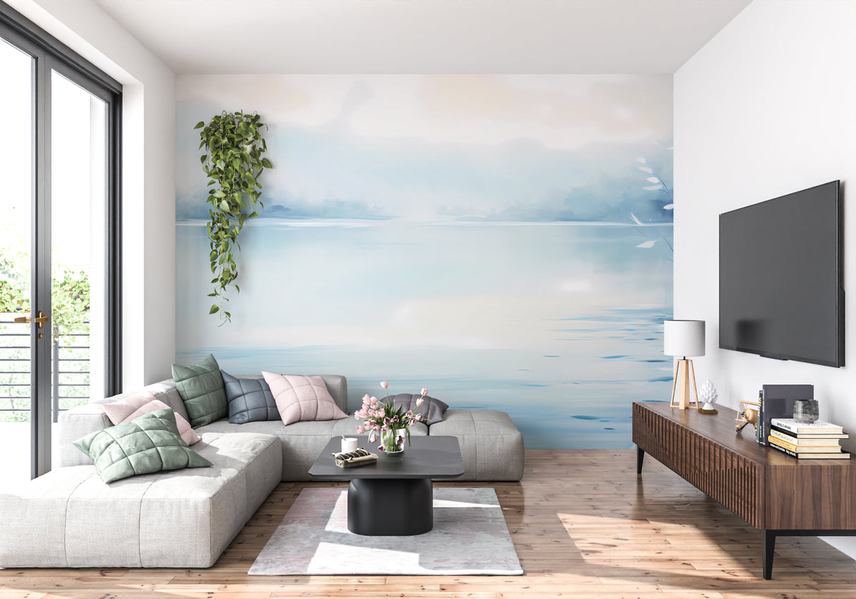 Ocean wall mural adding depth to a dining room with gentle watercolor waves
