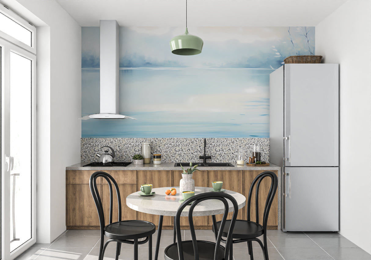 Serene watercolor horizon mural creating calm in a yoga room setting
