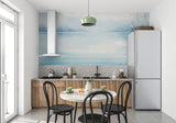 Serene watercolor horizon mural creating calm in a yoga room setting