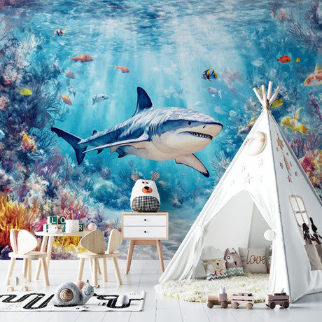 Shark underwater wallpaper mural in modern living room creating depth and ocean vibes