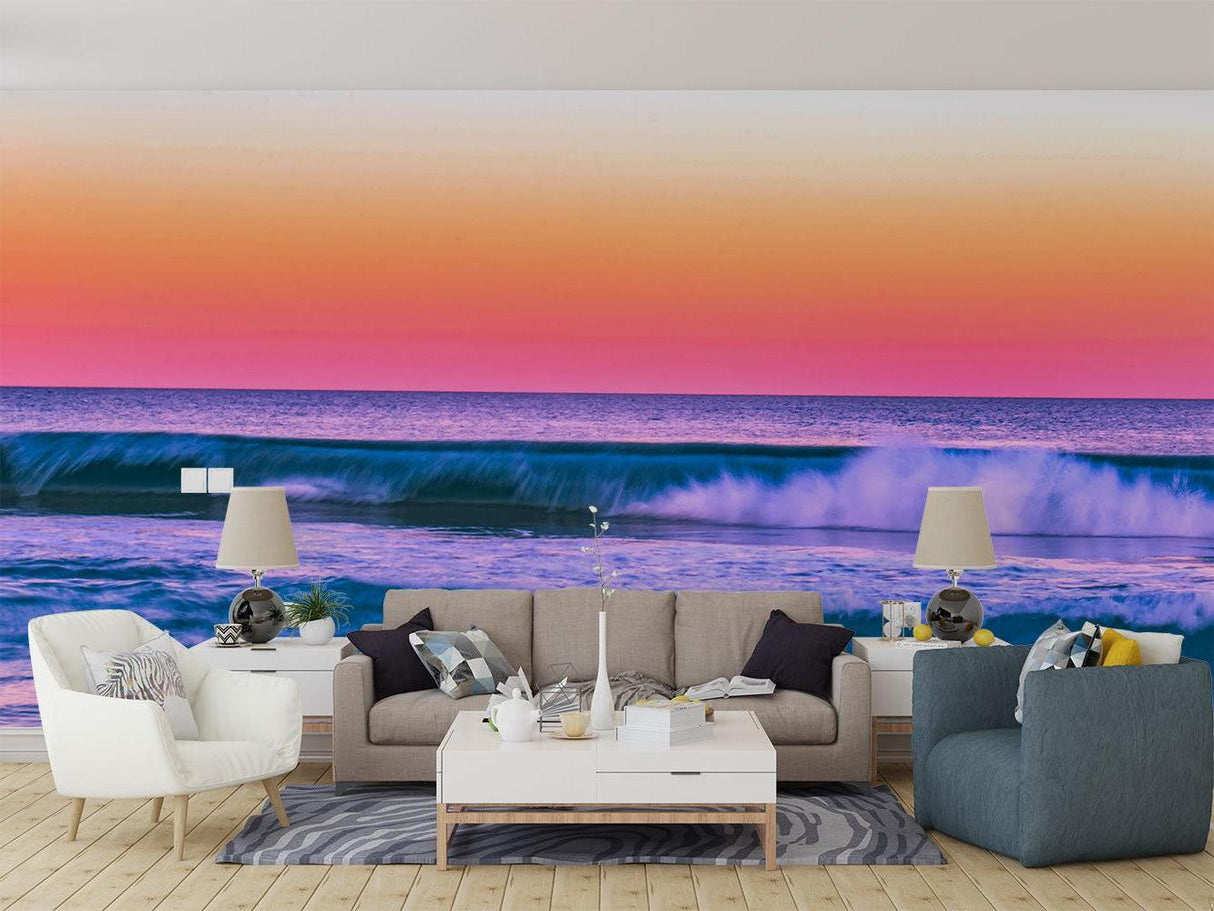 Beach wave mural bringing coastal vibes to master bedroom wall