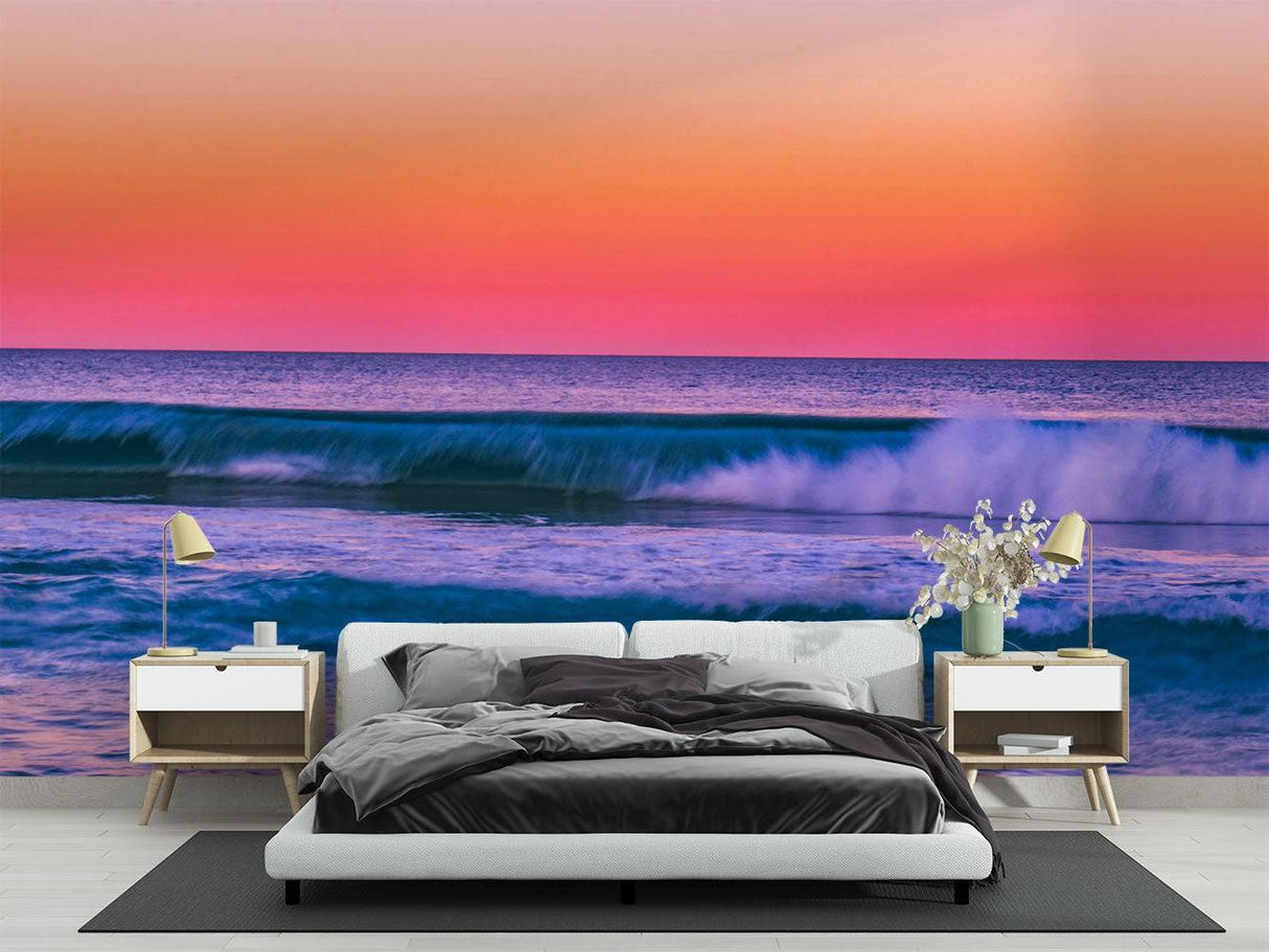 Sunset ocean wallpaper transforming home office into peaceful workspace